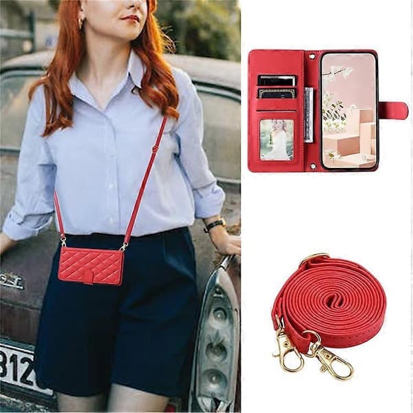 kompatibel med Kompatibel med iPhone 14 Pro Max-etui læderstativ pung foldbart telefoncover rombisk gitter[LD] Red
