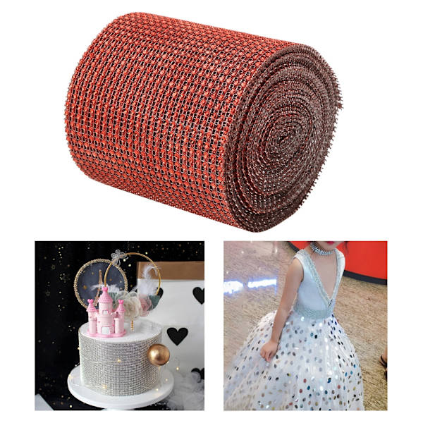 9m 24 rækker Galvaniseret Plast Kunstig Rhinestone Bånd Mesh Bryllupskjole Dekoration Rød