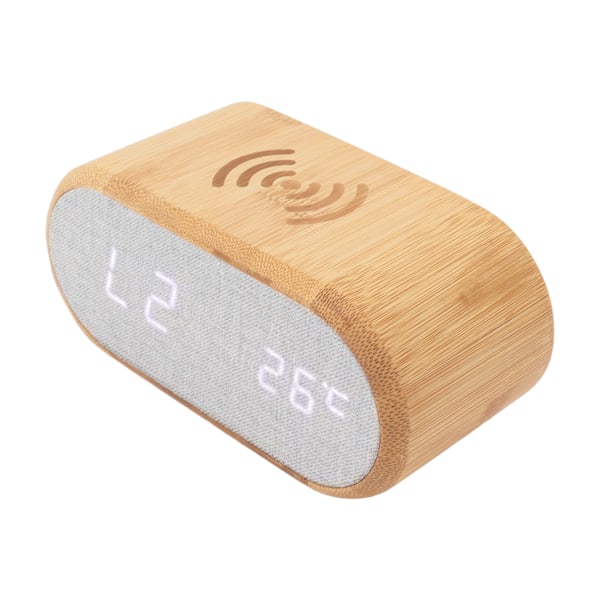 Träväckarklocka USB trådlös laddning Trä LED Digital Display Ljudkontroll för sovrum multifunktionell present