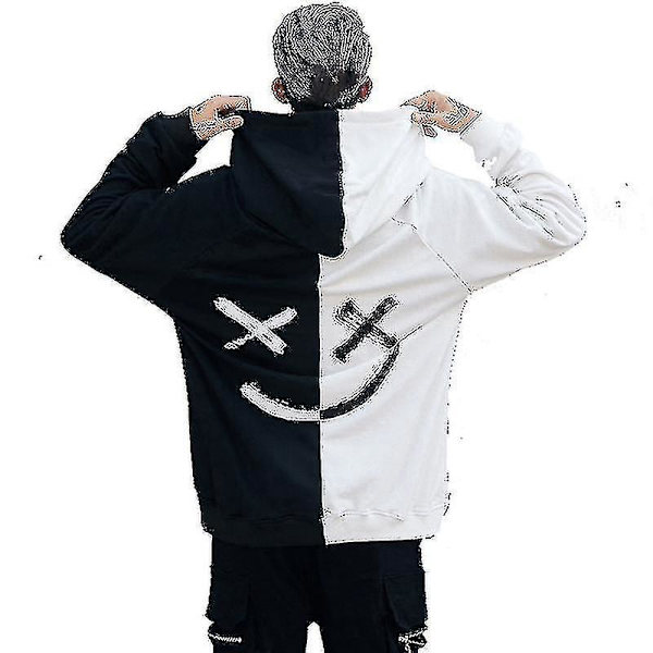 Smilende Ansigt Print Mænds Langærmet Hoodie Trøje Sort Hvid