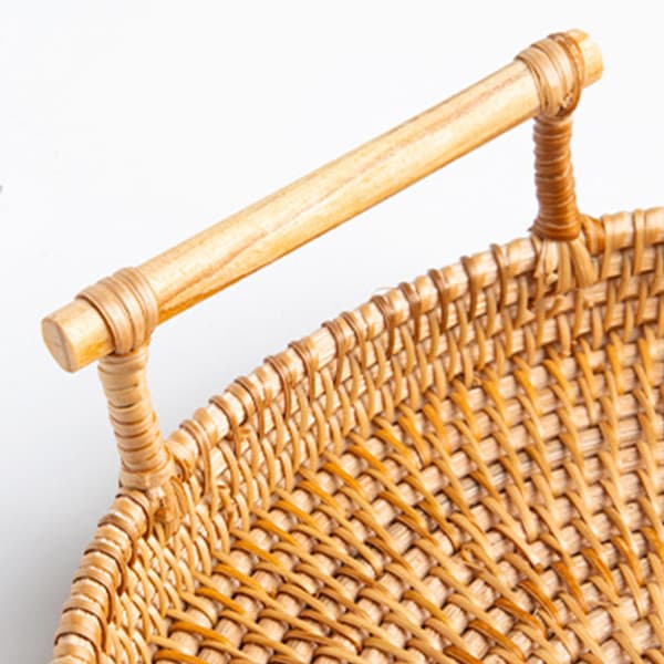 Handwoven Round Rattan Serving Tray Bread Fruit Dessert Snack Basket with Handle Diameter 28cm Height 4cm