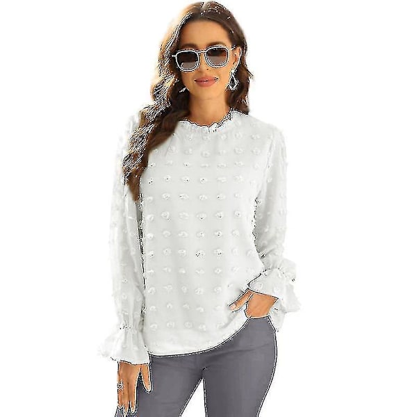 Chiffon volang krage långärmad blus dam casual pullover topp - vit