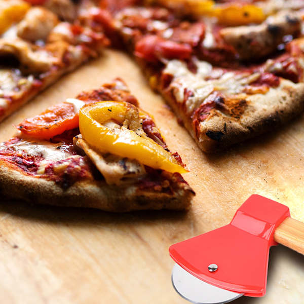 Økse pizzaskærer med bambushåndtag Pizzahjul rivejerns Roterende blad pizzakniv