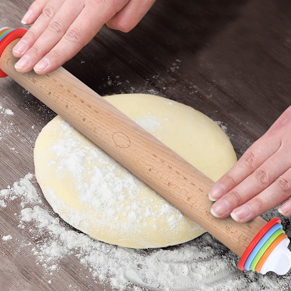 Wooden Adjustable Thickness Rolling Pin Flour Stick Dough Rollers Handle with Scale for Kitchen/Bakery Rolling Pin 43cm