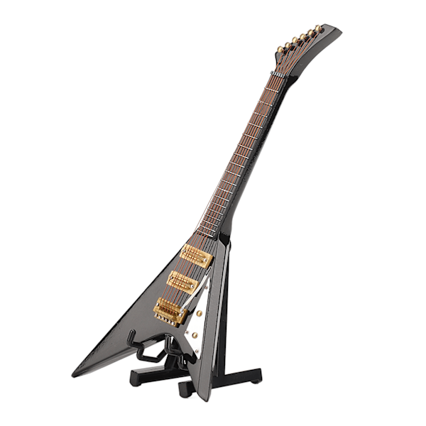 Miniatyr elektrisk gitarr i trä med stativ Svart Minimusikinstrument Dockhus modelldekoration 7,3 tum
