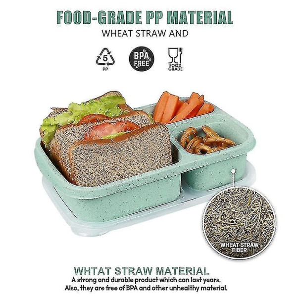 4-delt lunsjbeholdere i plast med 3 rom, gjenbrukbar lunsjboks/småbarn/voksen