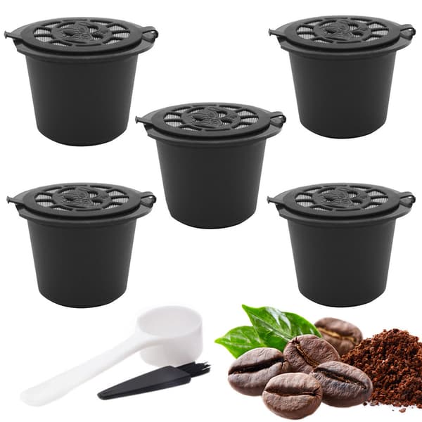 5-pack återanvändbara Nespresso-kapslar med mätkopp och borste