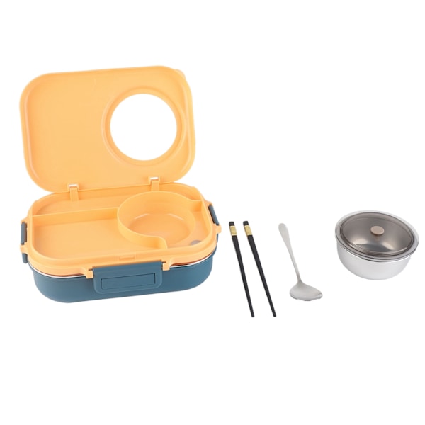 Termisk Lunchbox 1100ml Dubbellager 3 Grid Design 304 Rostfritt stål Bento Box med ätpinnar Sked Soppskål Blå Gul