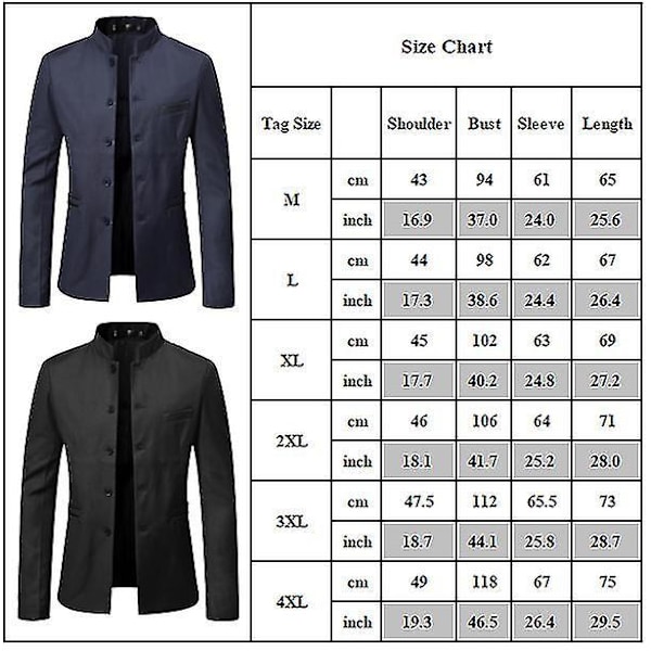 Enkelknäppt kavajjacka med mandarin krage för män - Business Style (XL, Svart)