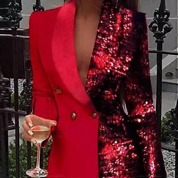 Damemode Farveblok Pailletter Langærmet Dobbeltradet Bodycon Blazer Rød red M