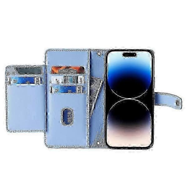Kompatibelt för iPhone 14 Pro, texturerat PU-läder, flera kortfack, stativ, dragkedja, vikbart lock, plånboksfodral med handledsficka, S JH8 Blue