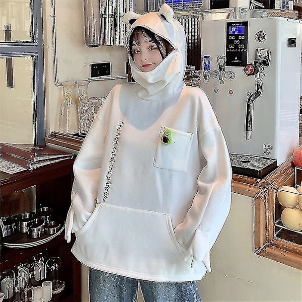 Vintervarm Frø Fleece Hoodie Oversized Sweatshirt Sort