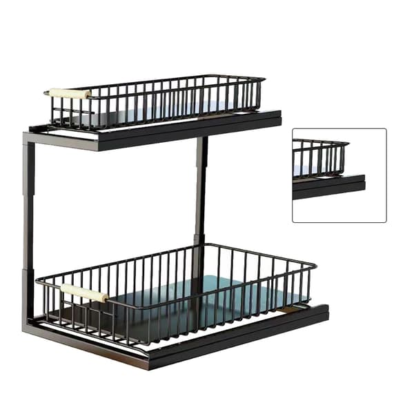Under Sink Cabinet Shelf Multifunctional Pull-Out Double Layer Spice Rack Storage Sink Shelf for Bathroom Kitchen Black