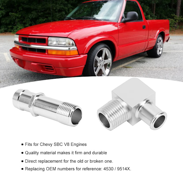 Lämmittimen letkuliitin 3/4 tuuman vesipumppu 5/8 tuumaa 90 astetta 9514X Korvaava sopii Chevy SBC V8 -moottoreihin