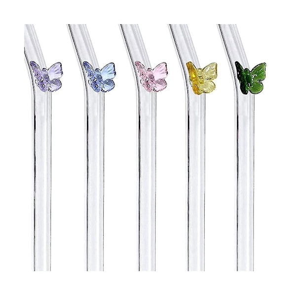 Återanvändbara glasstrån - Set om 5, färgglad fjärilsdesign, splittersäkert böjt