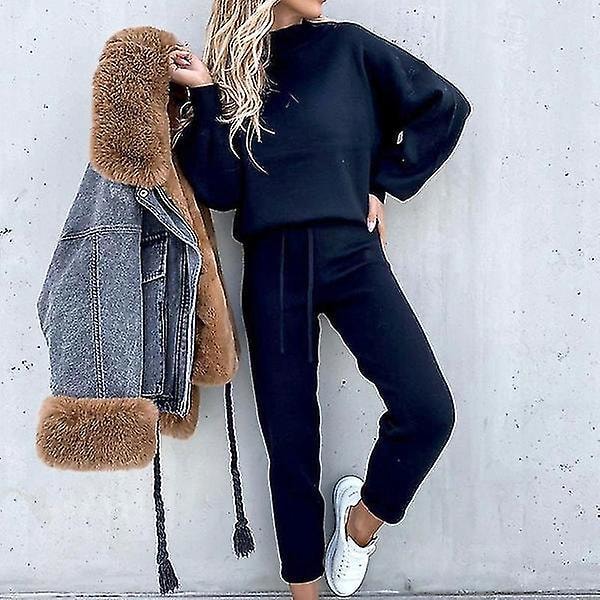 Rundhals Langærmet Sweatshirt og Bukser med Snøretræk til Kvinder - Khaki XXXL