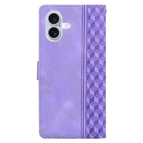Kompatibelt med iPhone 16 Plus läderfodral präglad rutig plånboksfodral med stativ och vikbart lock Purple