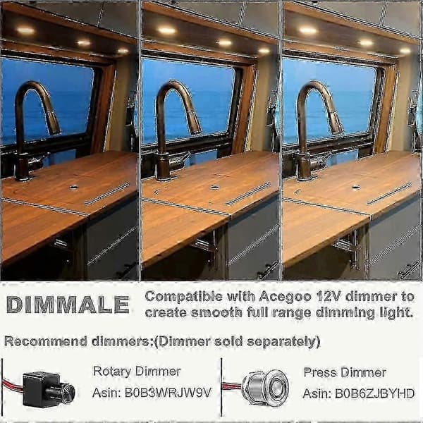 4 x 12V dæmpbare LED-downlights til campingvogn, sorte, 3200K, varmhvide, til badeværelsesbrug