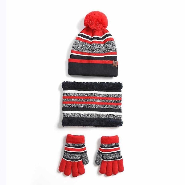 Barn Vinterlue Skjerfhansker Sett Varm Strikket Pompom Lue Snood Votter Red