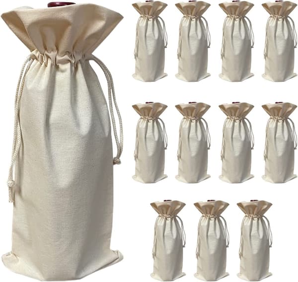 (12-pack) Naturiga presentpåsar för vinflaskor i bomullscanvas med dragsko, återanvändbara presentpåsar för vinflaskor_max