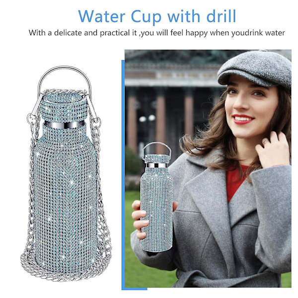 Diamanter Bling Rhinestone Vandflaske - Bærbar Termisk Rustfri Stålflaske 500ml Grøn