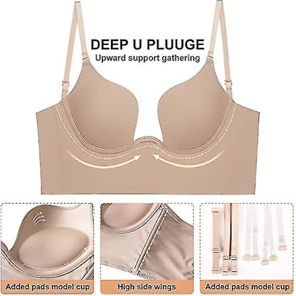 Deep U-Udsnit Push-Up BH med Klar Rygstropper - Hudfarvet 80C