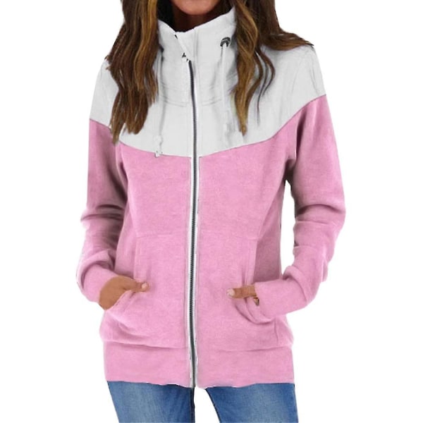 Kvinnor Colorblock High Neck Sweatshirt Långärmad Zip Up Casual Hoodie Toppar Plus Size pink S