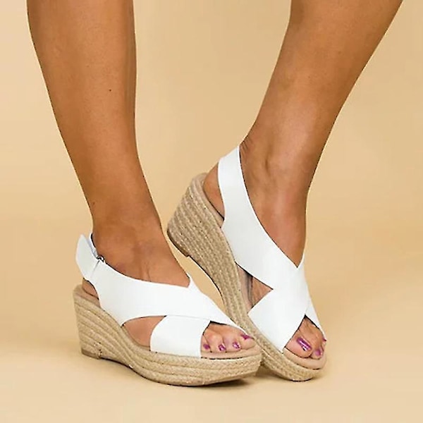 Naisten kesän valkoiset espadrillit, keskikorkoiset kiilat, alusta, nilkkaremmi, koko 38