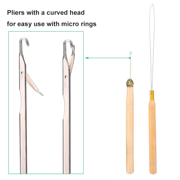 Peruk Connector Kit Tång Kroknål med 500st mikroringar Hårförlängningstillbehör Svart