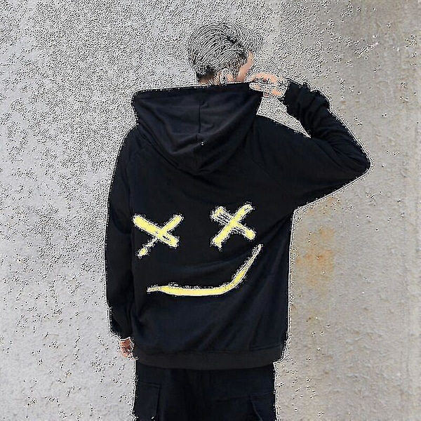 Smile Face Tryckt Herr Långärmad Hoodie Pullover Topp Svart