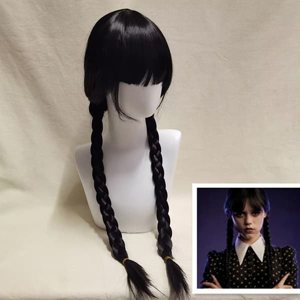 Cosplay-peruukki, pitkä musta punottu peruukki otsatukalla Black