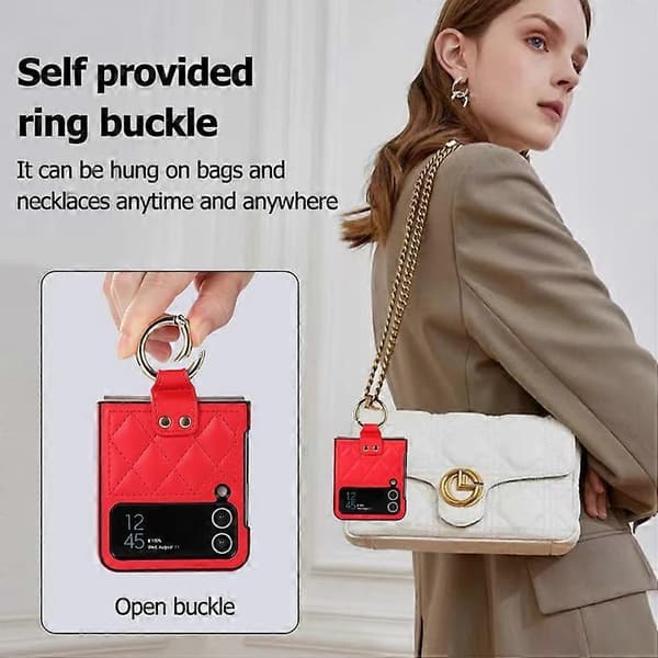 Kompatibel med Samsung Galaxy Z Flip3 Rhombic Microfiber Folding Phone Case med ring Red