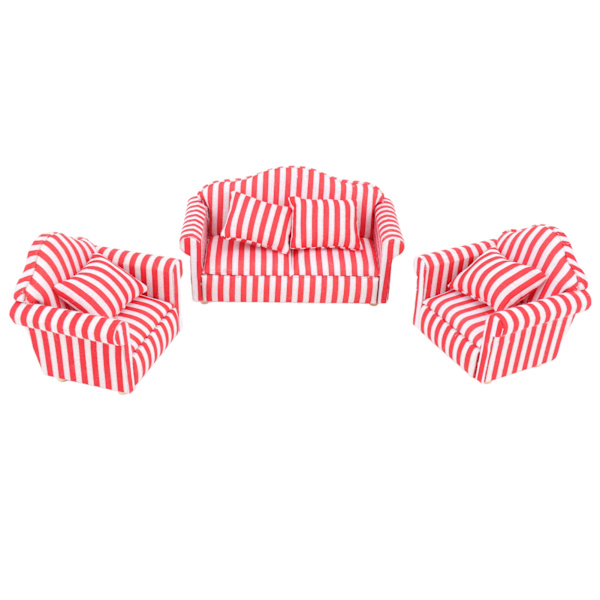 3 stk Dukkehussofa Sett Furutrekk Dobbelsofa 2 Enkelsofa Lys Farge Stripe Miniatyr Sofa for 1:12 Dukkehjem Rød