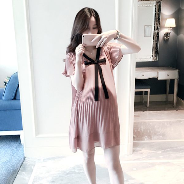 Kvinnor Lös veckad klänning Mjuk Andas Elegant rosett Gravidklänning för dagligt liv Shopping Rosa XL