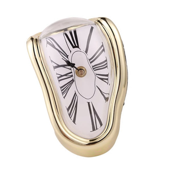 Melting Clock Plastic Retro Decorative Electroplated Metal Paint Desk Table Clock for Office Golden