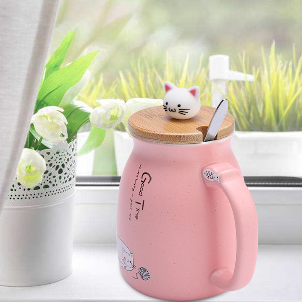 1. Søt Katt Keramikkopp med skje og lokk Kaffe Vann Melkekopp for Drikkgave (Rosa)