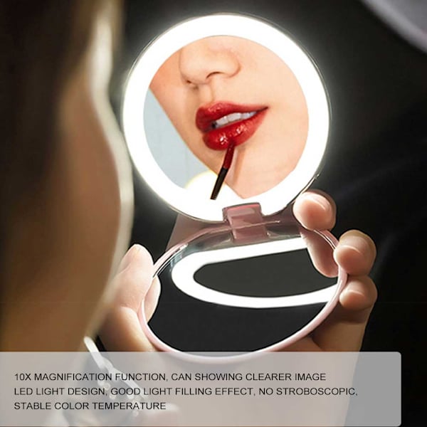 10X Magnification Foldable Adjustable Makeup Mirror Round Portable LED Makeup Mirror Pink