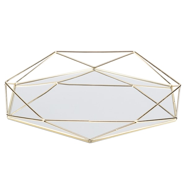 Badrum Sexangle Spegel Metall Guld Kosmetiska Smycken Förvaring Organizer Bricka Box Platta