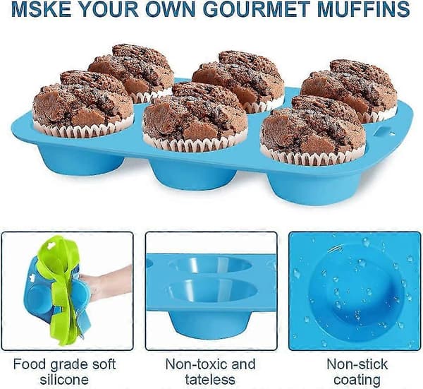 【LD】Set med 2 stora non-stick muffinsformar i silikon med 6 hål - Blågrön