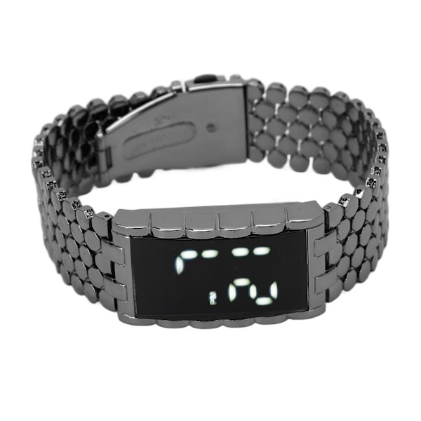 LED-ur med dobbelt åbent spænde i rustfrit stål metalrem rektangulær urskive Digitalt armbåndsur til udendørsaktiviteter Sort