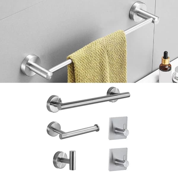 5 Pieces Bathroom Hardware Accessory Set Towel Rack Paper Holder Hook Self-Adhesive Hook Multifunction Bathroom Set Silver