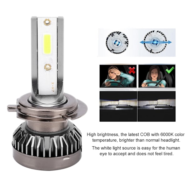 2 stk Mini H7 LED DOB Pære Vanntett Selvoppvarmet Varmespredning Frontlys 6000LM 6000k Tåkelys