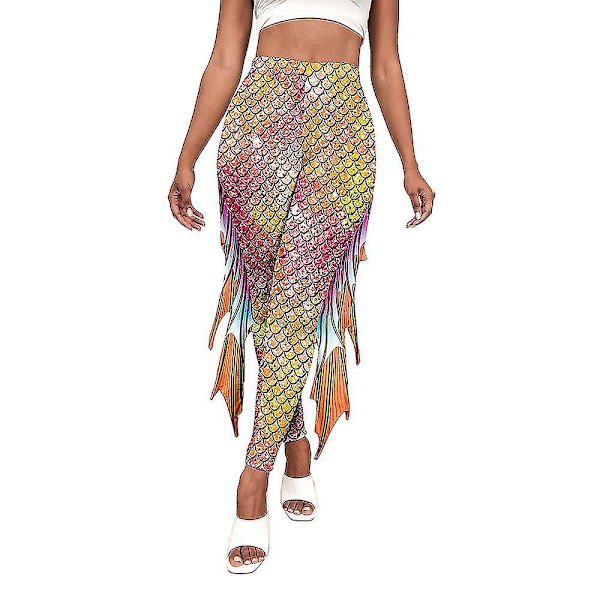Mermaid Print Yoga Leggings Fish Scale Högmidjade Byxor L E