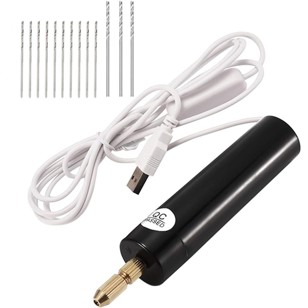 MINKUROW Mini elektrisk borr 0,7-1,2 mm för harts, USB elektrisk borr för smyckestillverkning, skruvsats med 13 borr (svart)