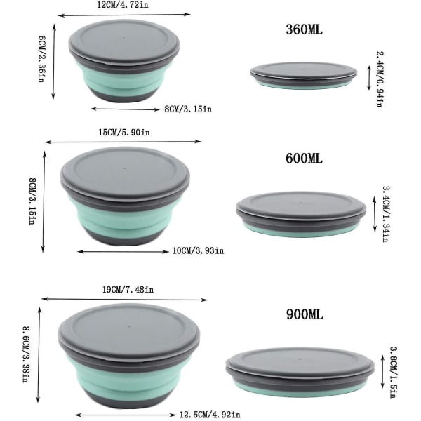 Sammenleggbar Skål Med Lokk, Silikon Bærbar Sammenleggbar Skål Camping 3 Stk