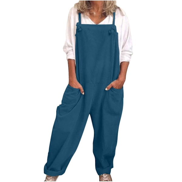 Casual Loose Cotton Linen Women's Overalls Jumpsuit Romper Blue XXL