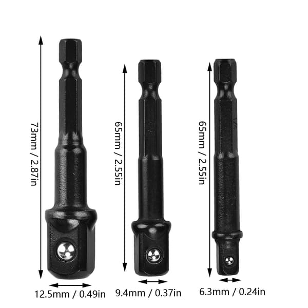 3 stk. Sort Sokkeladapter 1/4” Hex Skaft til 1/4\" 3/8\" 1/2\" Kvadratisk Hoved Borbit Driver