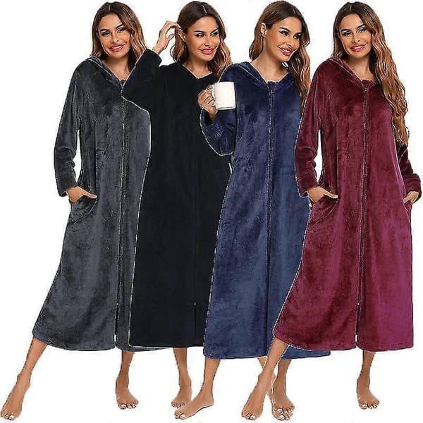Flannel morgenkåbe til kvinder med lynlås, fuld længde, sort[LD] Black S