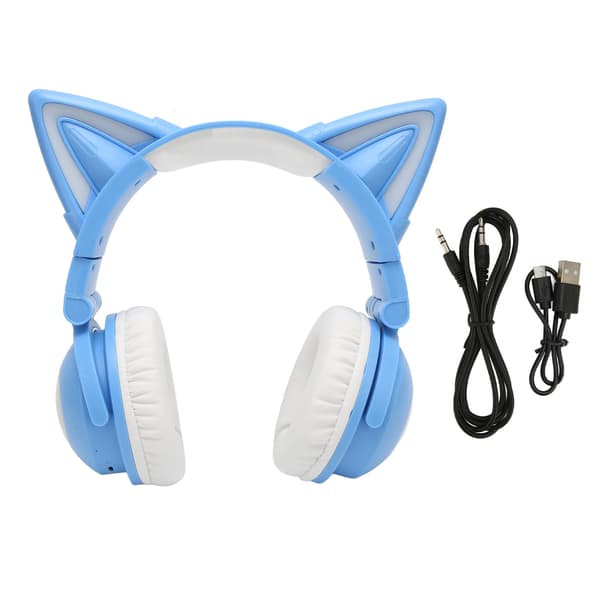 Cat Ear Bluetooth Headset Stereo Cute High Sensitivity Built-in Microphone Adjustable LED Kids Headset with 3.5mm Cable Blue