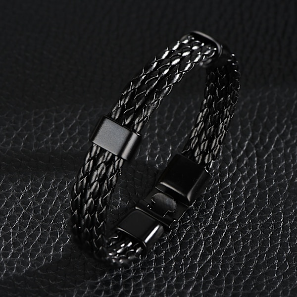 Mænd PU Armbånd Legering Spænde Strikket Flerlags Armbånd (Sort)